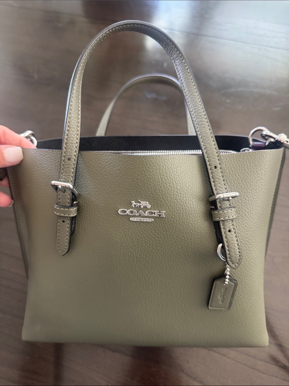 COACH Olive Green Pebbled Leather Mini Tote with Silver Hardware
